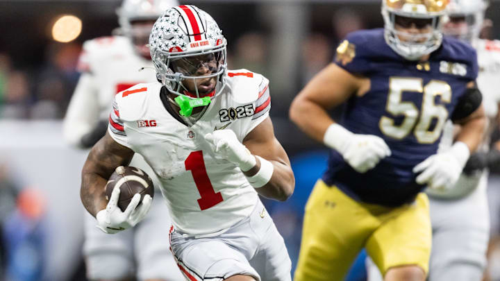 Jan 20, 2025; Atlanta, GA, USA; Ohio State Buckeyes running back Quinshon Judkins (1) against the Notre Dame Fighting Irish during the CFP National Championship college football game at Mercedes-Benz Stadium. 