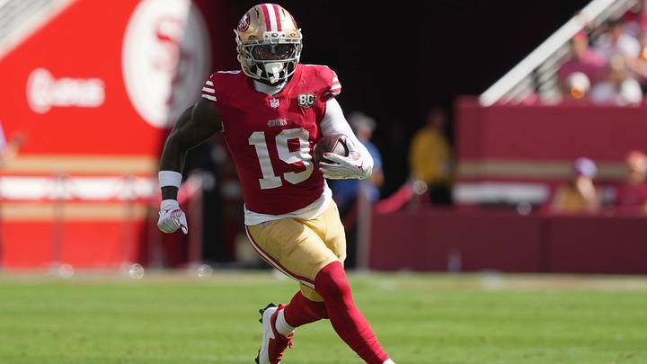Oct 4, 2026; Santa Clara, California, USA;  San Francisco 49ers wide receiver Deebo Samuel Sr. (19) runs after the catch against the Denver Broncos during the first half at Levi's Stadium.  Mandatory Credit: Darren Yamashita-Imagn Images