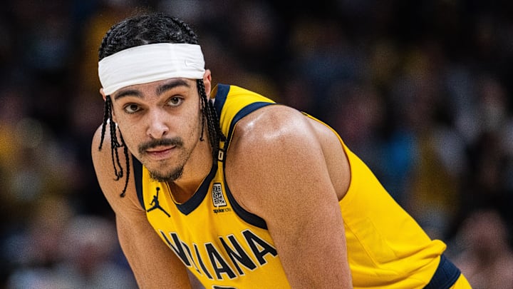 Apr 28, 2024; Indianapolis, Indiana, USA;Indiana Pacers guard Andrew Nembhard (2) during game four of the first round for the 2024 NBA playoffs against the Milwaukee Bucks at Gainbridge Fieldhouse. Mandatory Credit: Trevor Ruszkowski-Imagn Images