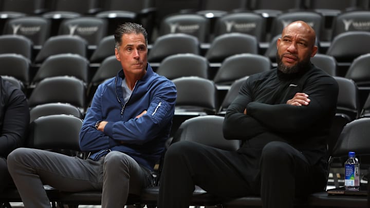 Oct 11, 2023; Anaheim, California, USA;  Los Angeles Lakers general manager Rob Pelinka (left) and head coach Darvin Ham.