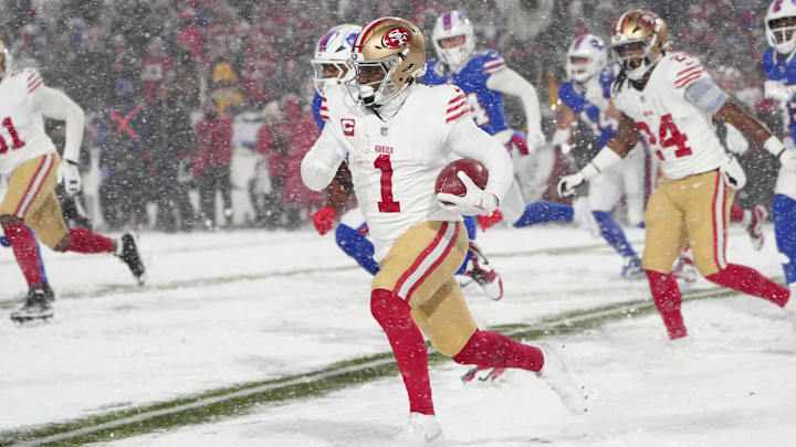 Dec 1, 2024; Orchard Park, New York, USA; San Francisco 49ers wide receiver Deebo Samuel Sr. (1) returns a kick off against the Buffalo Bills during the second half at Highmark Stadium. Mandatory Credit: Gregory Fisher-Imagn Images