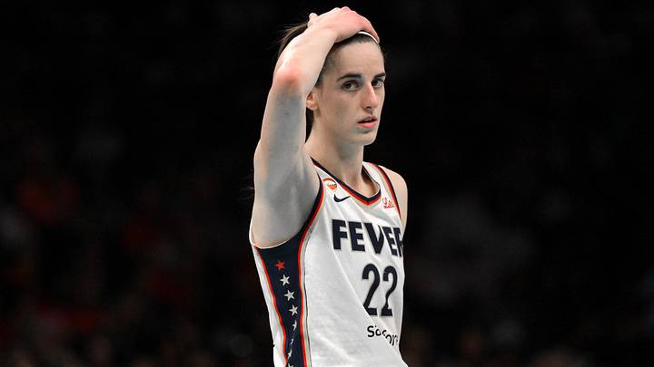 Aug 22, 2026; Brooklyn, New York, USA;  Indiana Fever guard Caitlin Clark (22) reacts during the second half against the New York Liberty at Barclays Center.  Mandatory Credit: John Jones-Imagn Images