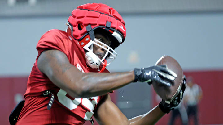Oklahoma's Davon Mitchell makes a catch during the University of Oklahoma (OU) spring football practice at the Everest Training Center in Norman, Okla., Wednesday, March 27, 2024.