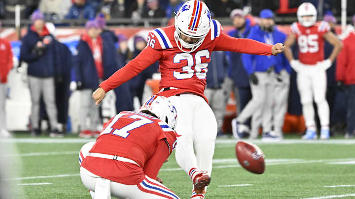 Dec 1, 2025; Foxborough, Massachusetts, USA; New England Patriots place kicker Andy Borregales (36) misses a field goal from the hold of New England Patriots punter Bryce Baringer (17) during the third quarter against the New York Giants at Gillette Stadium. Mandatory Credit: Eric Canha-Imagn Images