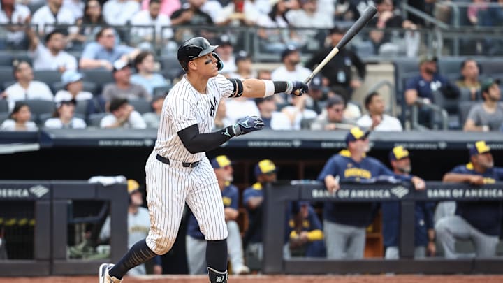 New York Yankees right fielder Aaron Judge hits a home against the Milwaukee Brewers at Yankee Stadium
