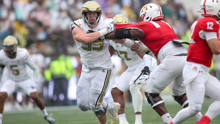 Bears sixth-round defensive tacke Jordan van den Berg of Georgia Technology rushes the passer against VMI.