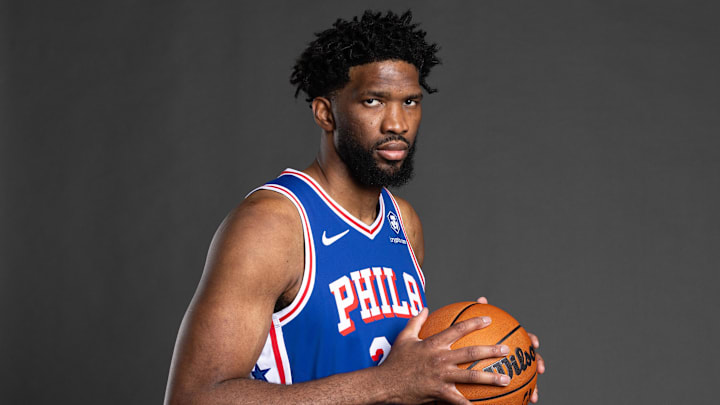 Sep 30, 2024; Camden, NJ, USA; Philadelphia 76ers center Joel Embiid (21) poses for a photo on media day at the Philadelphia 76ers Training Complex. Mandatory Credit: Bill Streicher-Imagn Images
