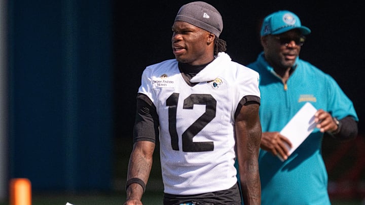 Jacksonville Jaguars wide receiver Travis Hunter (12) walks off the field after the Jacksonville Jaguars’ 18th and final training camp practice at Miller Electric Center in Jacksonville, Fla. Wednesday August 20, 2025. [Doug Engle/Florida Times-Union]