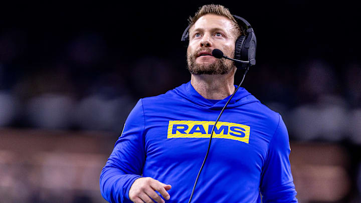 Dec 1, 2024; New Orleans, Louisiana, USA;  Los Angeles Rams head coach Sean McVay looks on against the New Orleans Saints during the second half at Caesars Superdome. Mandatory Credit: Stephen Lew-Imagn Images