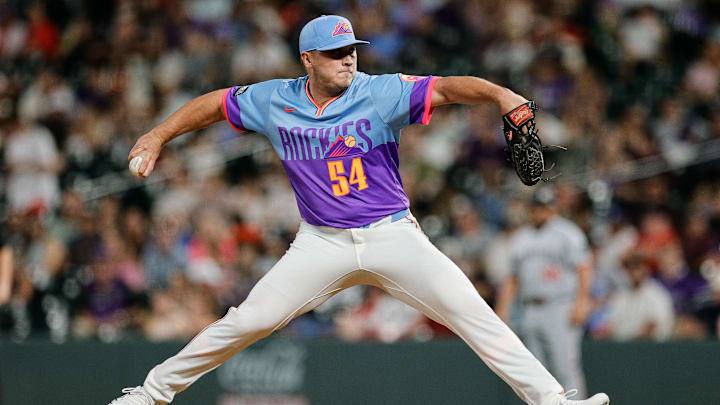 Jul 18, 2025; Denver, Colorado, USA; Colorado Rockies relief pitcher Seth Halvorsen (54) pitches in the ninth inning against the Minnesota Twins at Coors Field. Mandatory Credit: Isaiah J. Downing-Imagn Images