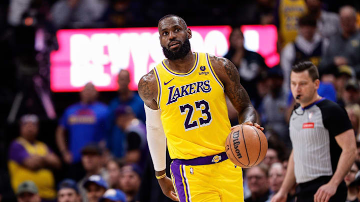 Apr 29, 2024; Denver, Colorado, USA; Los Angeles Lakers forward LeBron James (23) in the third quarter against the Denver Nuggets during game five of the first round for the 2024 NBA playoffs at Ball Arena. Mandatory Credit: Isaiah J. Downing-USA TODAY Sports