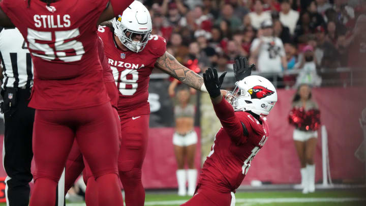 Arizona Cardinals linebacker BJ Ojulari (18) celebrates his sack against the Atlanta Falcons at State Farm Stadium on Nov. 12, 2023, in Glendale.