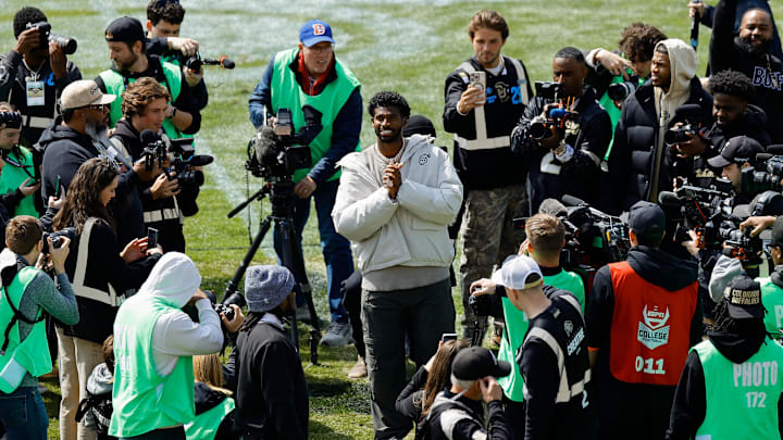 Apr 19, 2025; Boulder, CO, USA; Former Colorado Buffaloes player Shedeur Sanders during his number retirement ceremony before the spring game at Folsom Field. Mandatory Credit: Isaiah J. Downing-Imagn Images