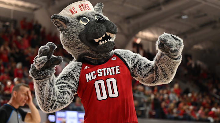Mar 24, 2025; Raleigh, North Carolina, USA; The NC State Wolfpack mascot celebrates during the second half at James T. Valvano Arena at William Neal Reynolds. Mandatory Credit: William Howard-Imagn Images