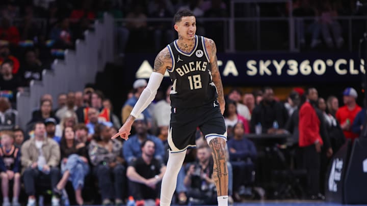 Feb 7, 2025; Atlanta, Georgia, USA; Milwaukee Bucks forward Kyle Kuzma (18) reacts after a basket against the Atlanta Hawks in the second quarter at State Farm Arena. Mandatory Credit: Brett Davis-Imagn Images
