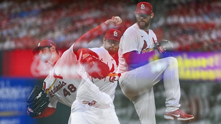 Sep 7, 2022; St. Louis, Missouri, USA; (Editors note: in camera multiple exposure) St. Louis Cardinals starting pitcher Jordan Montgomery (48) pitches against the Washington Nationals during the second inning at Busch Stadium. Mandatory Credit: Jeff Curry-Imagn Images Sep 7, 2022; St. Louis, Missouri, USA; (Editors note: in camera multiple exposure) St. Louis Cardinals starting pitcher Jordan Montgomery (48) pitches against the Washington Nationals during the second inning at Busch Stadium. Mandatory Credit: Jeff Curry-Imagn Images