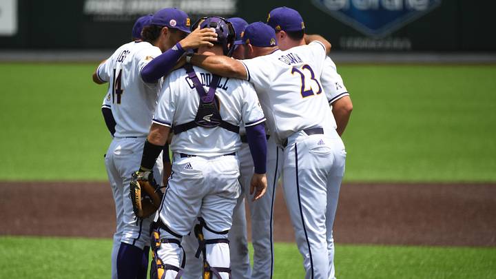 Jun 12, 2021; Nashville, TN, USA; East Carolina Pirates head coach Cliff Godwin (23) talks with his team on the mound during the ninth inning against the Vanderbilt Commodores in the Nashville Super Regional of the NCAA Baseball Tournament at Hawkins Field. Mandatory Credit: Christopher Hanewinckel-Imagn Images