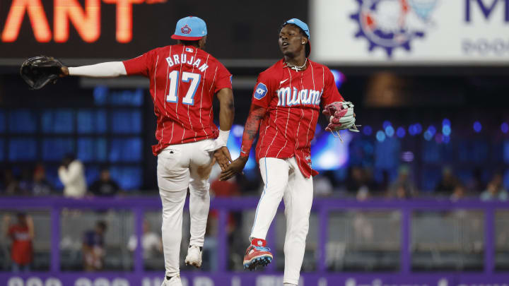 Jul 6, 2024; Miami, Florida, USA; Miami Marlins shortstop Vidal Brujan (17) and center fielder Jazz Chisholm Jr. (2) celebrate their win against the Chicago White Sox at loanDepot Park. Jul 6, 2024; Miami, Florida, USA; Miami Marlins shortstop Vidal Brujan (17) and center fielder Jazz Chisholm Jr. (2) celebrate their win against the Chicago White Sox at loanDepot Park.