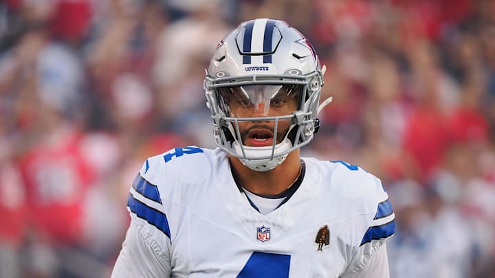 Oct 27, 2024; Santa Clara, California, USA; Dallas Cowboys quarterback Dak Prescott (4) before the game against the San Francisco 49ers at Levi's Stadium. Mandatory Credit: Kelley L Cox-Imagn Images