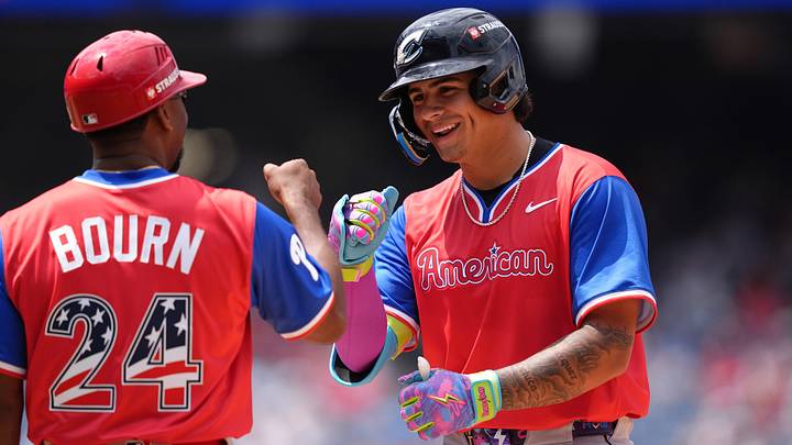 Jul 12, 2026: American League infielder Ralphy Velazquez (22) reacts after hitting an RBI single against National League in the seventh inning at Citizens Bank Park. Credit: Kyle Ross-Imagn Images Jul 12, 2026: American League infielder Ralphy Velazquez (22) reacts after hitting an RBI single against National League in the seventh inning at Citizens Bank Park. Credit: Kyle Ross-Imagn Images