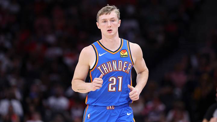 Oct 15, 2026; Houston, Texas, USA; Oklahoma City Thunder guard Josh Dix (21) runs on the court during the game against the Houston Rockets at Toyota Center.