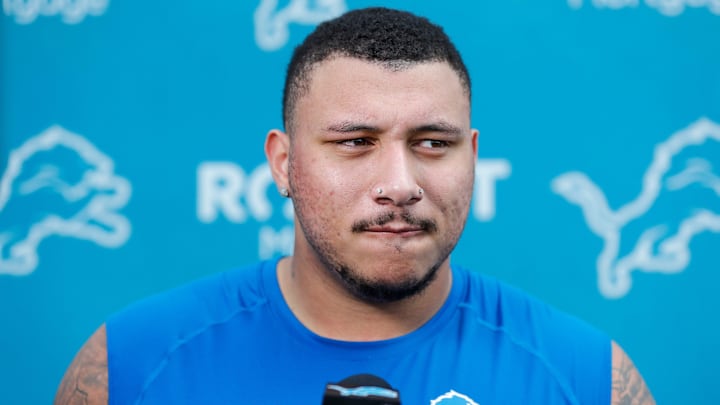 Detroit Lions offensive lineman Christian Mahogany (73) speaks to media members during rookie minicamp 