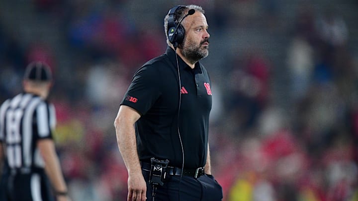 Nov 8, 2025; Pasadena, California, USA; Nebraska Cornhuskers head coach Matt Rhule watches game action against the UCLA Bruins during the second half at the Rose Bowl. Nov 8, 2025; Pasadena, California, USA; Nebraska Cornhuskers head coach Matt Rhule watches game action against the UCLA Bruins during the second half at the Rose Bowl.