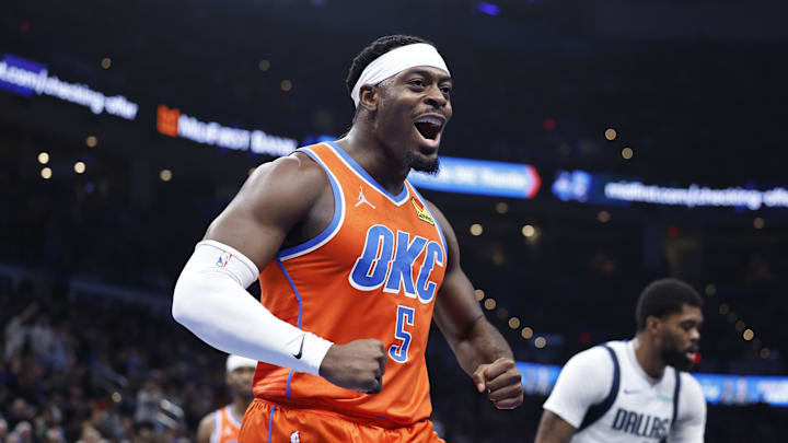 Dec 10, 2024; Oklahoma City, Oklahoma, USA; Oklahoma City Thunder guard Luguentz Dort (5) celebrates after a play against the Dallas Mavericks during the second quarter at Paycom Center. Mandatory Credit: Alonzo Adams-Imagn Images