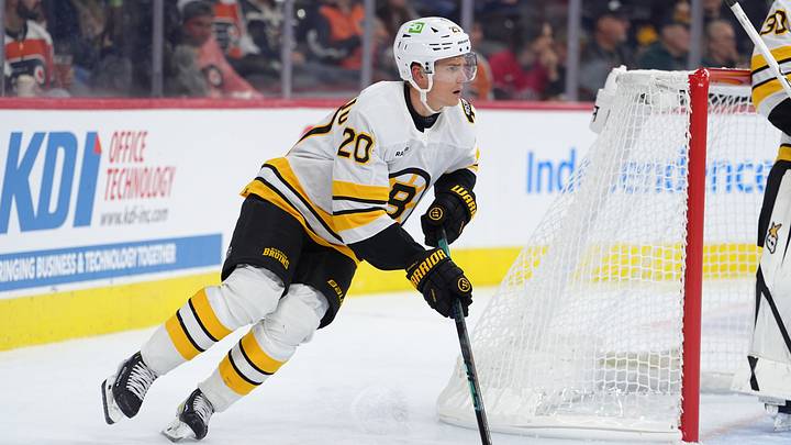 Sep 24, 2026; Philadelphia, Pennsylvania, USA; Boston Bruins defenseman Henri Jokiharju (20) controls the puck against the Philadelphia Flyers in the second period at Xfinity Mobile Arena. Mandatory Credit: Kyle Ross-Imagn Images Sep 24, 2026; Philadelphia, Pennsylvania, USA; Boston Bruins defenseman Henri Jokiharju (20) controls the puck against the Philadelphia Flyers in the second period at Xfinity Mobile Arena. Mandatory Credit: Kyle Ross-Imagn Images