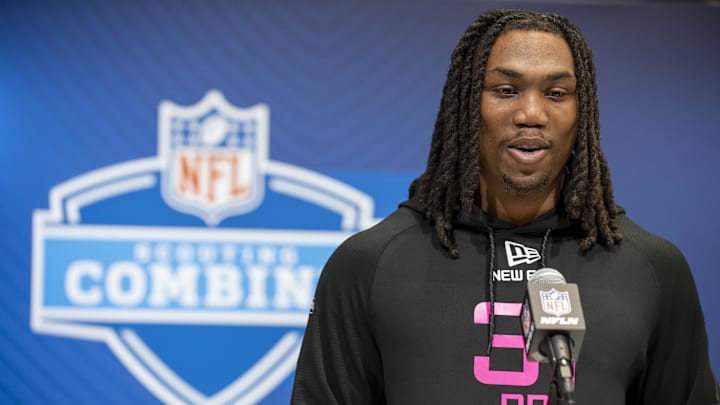 Virginia Tech defensive back Dorian Strong during the 2025 NFL Combine at Lucas Oil Stadium.