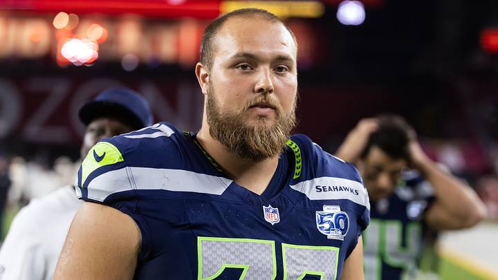 Sep 25, 2025; Glendale, Arizona, USA; Seattle Seahawks guard Bryce Cabeldue (77) against the Arizona Cardinals at State Farm Stadium. Mandatory Credit: Mark J. Rebilas-Imagn Images Sep 25, 2025; Glendale, Arizona, USA; Seattle Seahawks guard Bryce Cabeldue (77) against the Arizona Cardinals at State Farm Stadium. Mandatory Credit: Mark J. Rebilas-Imagn Images