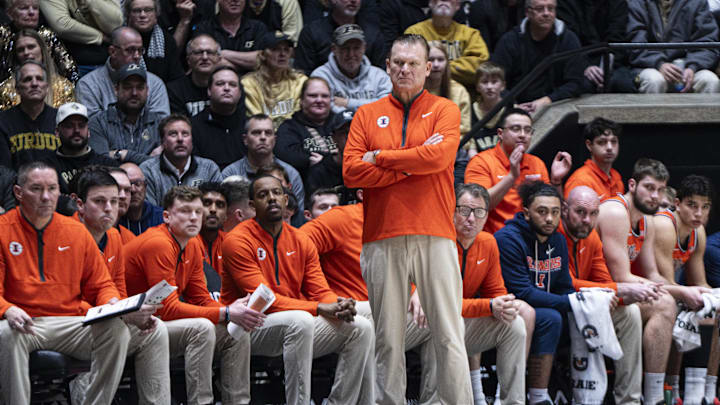 Jan 24, 2026; West Lafayette, Indiana, USA; Illinois Fighting Illini head coach Brad Underwood looks at a referee during the first half of a game against the Purdue Boilermakers at Mackey Arena. Mandatory Credit: Jacob Musselman-Imagn Images