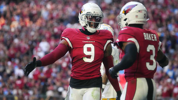 Nov 27, 2022; Glendale, AZ, USA; Arizona Cardinals defenders Budda Baker (3) and Isaiah Simmons (9)