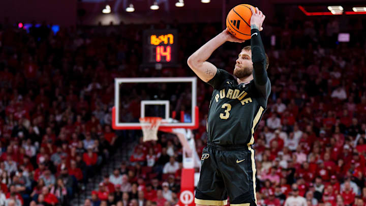 Purdue Boilermakers guard Braden Smith (3) shoots a three-point shot. Purdue Boilermakers guard Braden Smith (3) shoots a three-point shot.
