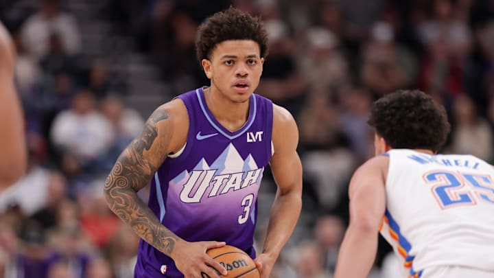 Apr 11, 2025; Salt Lake City, Utah, USA;  Utah Jazz guard Keyonte George (3) controls the ball during the second half against the Oklahoma City Thunder at Delta Center. 