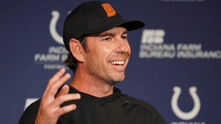 Indianapolis Colts head coach Shane Steichen talks to press Tuesday, June 10, 2025, during NFL Colts mandatory mini camp at the Indiana Farm Bureau Football Center in Indianapolis.