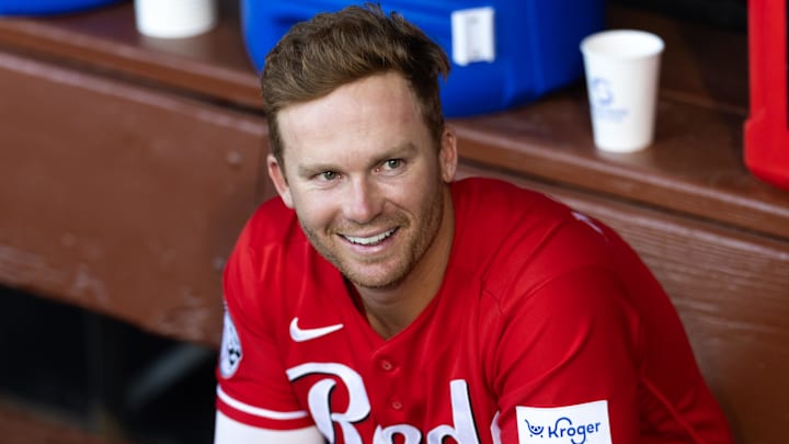 Mar 12, 2026; Phoenix, Arizona, USA; Cincinnati Reds second baseman Matt McLain against the Los Angeles Dodgers during a spring training game at Camelback Ranch-Glendale. Mandatory Credit: Mark J. Rebilas-Imagn Images