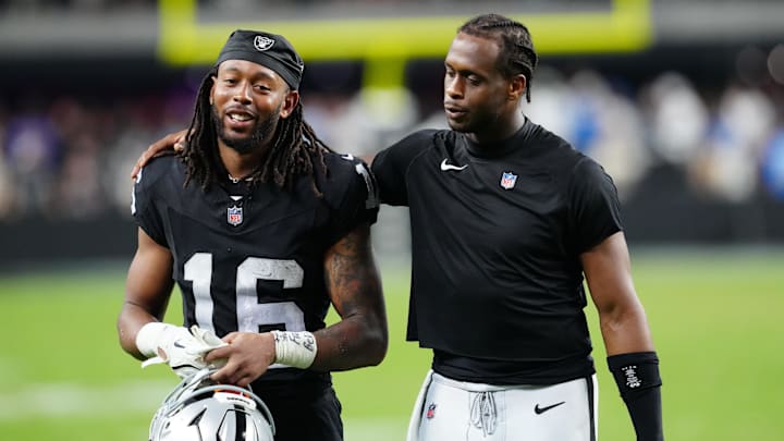 Sep 15, 2025; Paradise, Nevada, USA; Las Vegas Raiders wide receiver Jakobi Meyers (16) and Las Vegas Raiders quarterback Geno Smith (7) walk off the field after the game at Allegiant Stadium. Mandatory Credit: Stephen R. Sylvanie-Imagn Images Sep 15, 2025; Paradise, Nevada, USA; Las Vegas Raiders wide receiver Jakobi Meyers (16) and Las Vegas Raiders quarterback Geno Smith (7) walk off the field after the game at Allegiant Stadium. Mandatory Credit: Stephen R. Sylvanie-Imagn Images