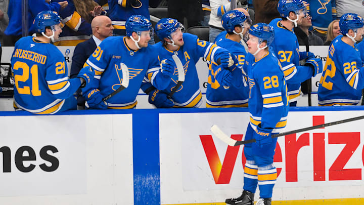 Mar 24, 2026; St. Louis, Missouri, USA; St. Louis Blues center Otto Stenberg (28) celebrates with left wing Jake Neighbours (63) left wing Dylan Holloway (81) and right wing Jimmy Snuggerud (21) after scoring against the Washington Capitals during the third period at Enterprise Center. Mandatory Credit: Jeff Curry-Imagn Images