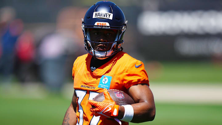 May 10, 2025; Englewood, CO, USA; Denver Broncos running back RJ Harvey (37) during rookie minicamp at Broncos Park Powered by CommonSpirit. 