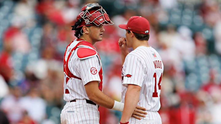 Gage Wood leads the No. 11 Arkansas Razorbacks to a 6-1 Game 2 win over the No. 1 Texas Longhorns.  