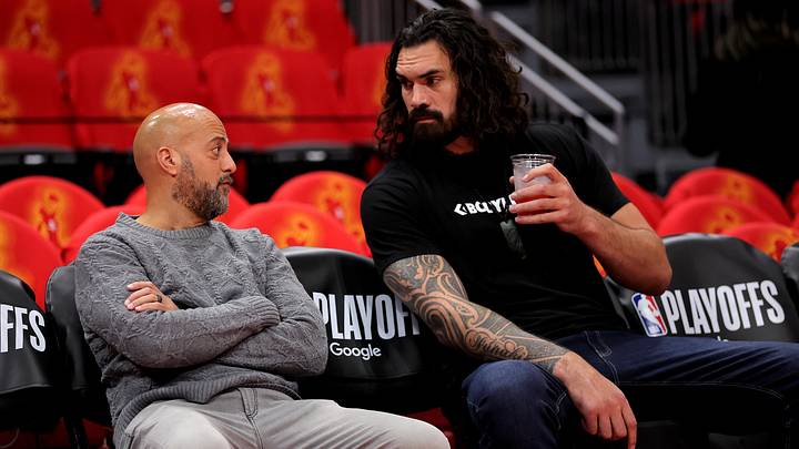 May 1, 2026; Houston, Texas, USA; Houston Rockets general manager Rafael Stone talks with Houston Rockets center Steven Adams (12, right) prior to game six of the first round of the 2026 NBA Playoffs against the Los Angeles Lakers at Toyota Center. Mandatory Credit: Erik Williams-Imagn Images May 1, 2026; Houston, Texas, USA; Houston Rockets general manager Rafael Stone talks with Houston Rockets center Steven Adams (12, right) prior to game six of the first round of the 2026 NBA Playoffs against the Los Angeles Lakers at Toyota Center. Mandatory Credit: Erik Williams-Imagn Images