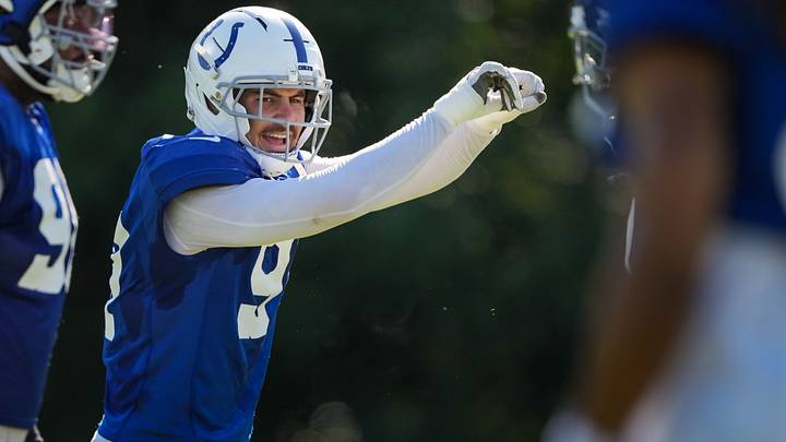 Indianapolis Colts defensive end Laiatu Latu (97) yells to teammates on Tuesday, Aug. 4, 2026, during practice at Colts Camp at Grand Park in Westfield.