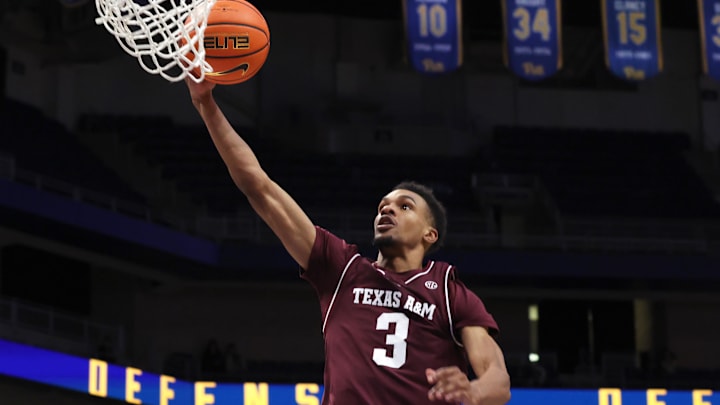 Texas A&M Aggies guard Rylan Griffen goes to the basket against the Pittsburgh Panthers during the first half at the Petersen Events Center. 