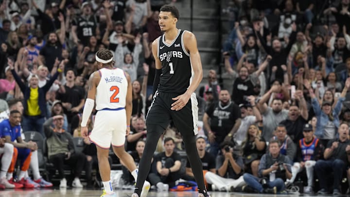 Mar 29, 2024; San Antonio, Texas, USA; San Antonio Spurs forward Victor Wembanyama (1) reacts after scoring a three point basket in overtime against the New York Knicks at Frost Bank Center. Mandatory Credit: Scott Wachter-Imagn Images Mar 29, 2024; San Antonio, Texas, USA; San Antonio Spurs forward Victor Wembanyama (1) reacts after scoring a three point basket in overtime against the New York Knicks at Frost Bank Center. Mandatory Credit: Scott Wachter-Imagn Images