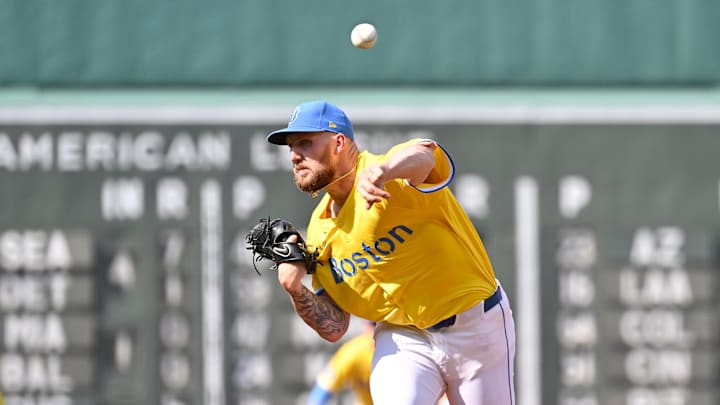 Jul 12, 2025; Boston, Massachusetts, USA;  Boston Red Sox starting pitcher Garrett Crochet (35) throws during the first inning at Fenway Park. Mandatory Credit: Eric Canha-Imagn Images