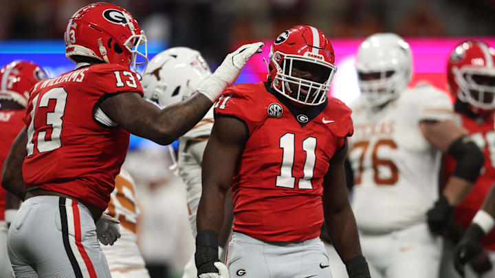 Dec 7, 2024; Atlanta, GA, USA; Georgia Bulldogs linebacker Jalon Walker (11) reacts against the Texas Longhorns during the first half in the 2024 SEC Championship game at Mercedes-Benz Stadium. Mandatory Credit: Brett Davis-Imagn Images Dec 7, 2024; Atlanta, GA, USA; Georgia Bulldogs linebacker Jalon Walker (11) reacts against the Texas Longhorns during the first half in the 2024 SEC Championship game at Mercedes-Benz Stadium. Mandatory Credit: Brett Davis-Imagn Images