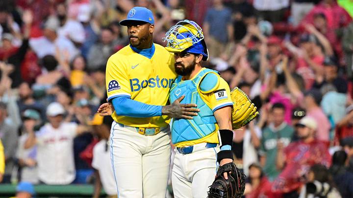 Jul 18, 2026; Boston, Massachusetts, USA; Boston Red Sox relief pitcher Aroldis Chapman (44) and catcher Connor Wong (12) celebrate beating the Tampa Bay Rays at Fenway Park. Mandatory Credit: Eric Canha-Imagn Images Jul 18, 2026; Boston, Massachusetts, USA; Boston Red Sox relief pitcher Aroldis Chapman (44) and catcher Connor Wong (12) celebrate beating the Tampa Bay Rays at Fenway Park. Mandatory Credit: Eric Canha-Imagn Images