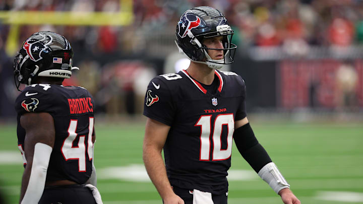 Nov 9, 2025; Houston, Texas, USA; Houston Texans quarterback Davis Mills (10) walks onto the field against the Jacksonville Jaguars during the second half at NRG Stadium. Mandatory Credit: Thomas Shea-Imagn Images