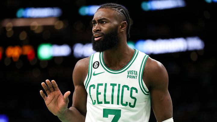 Dec 27, 2022; Boston, Massachusetts, USA; Boston Celtics forward Jaylen Brown (7) reacts during the first half against the Houston Rockets at TD Garden. Mandatory Credit: Paul Rutherford-USA TODAY Sports